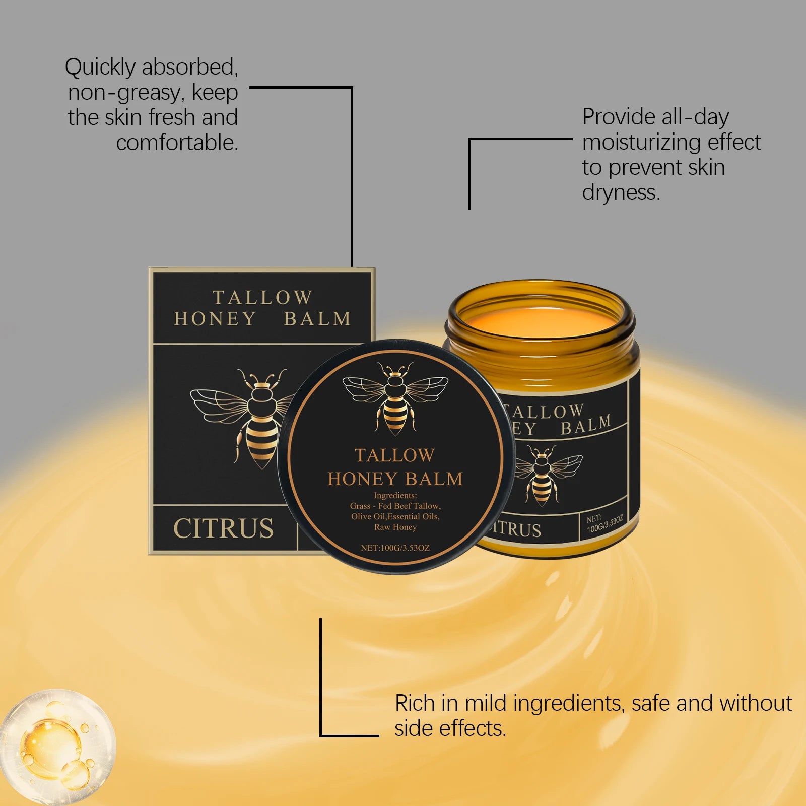 Honey Tallow Moisturizing Cream Face & Body Cream Deep Hydration Dry Skin Care Glycerin Non Greasy Fast Absorption Moisturizer